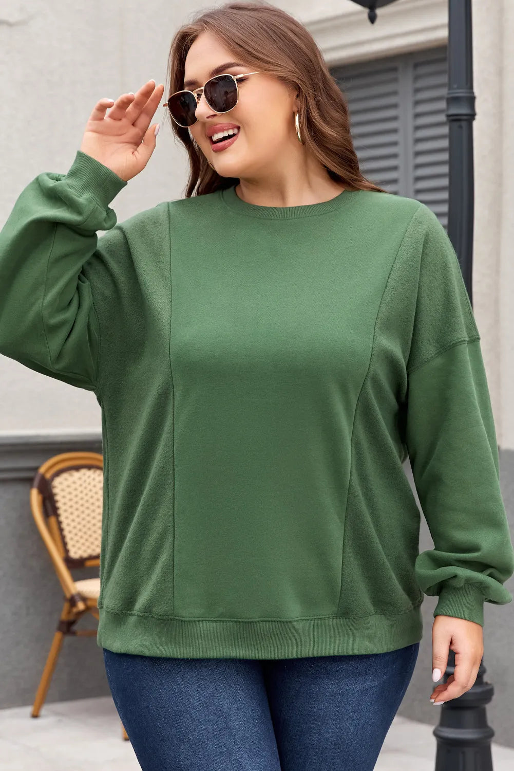 Blackish Green Loose Patchwork Crewneck Plus Size Sweatshirt - Chic Meadow Boutique 