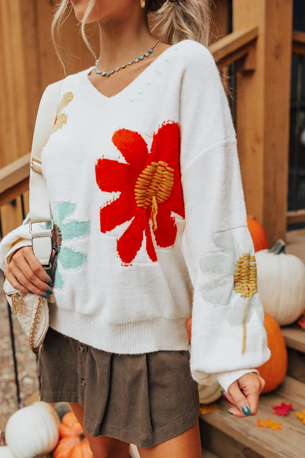 White Big Flower Pattern V Neck Drop Shoulder Sweater - Chic Meadow Boutique 