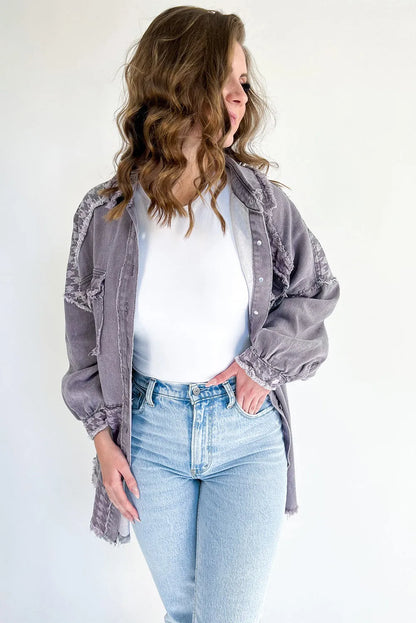 Medium Grey Retro Distressed Houndstooth Patchwork Denim Jacket - Chic Meadow Boutique 