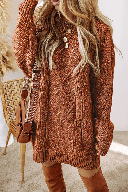 Coffee Cable Knit Drop Shoulder Loose Fit Sweater Dress - Chic Meadow Boutique 