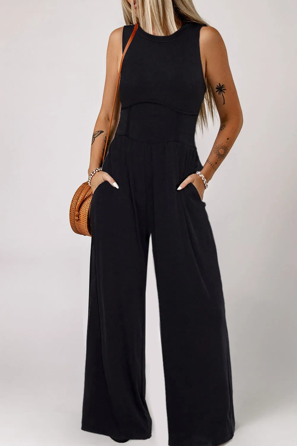 Black Cinched Waist Sleeveless Wide Leg Jumpsuit - Chic Meadow Boutique 