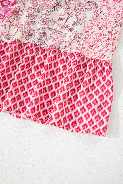 Red Boho Pattern Print Tassel Drawstring High Waist Maxi Dress