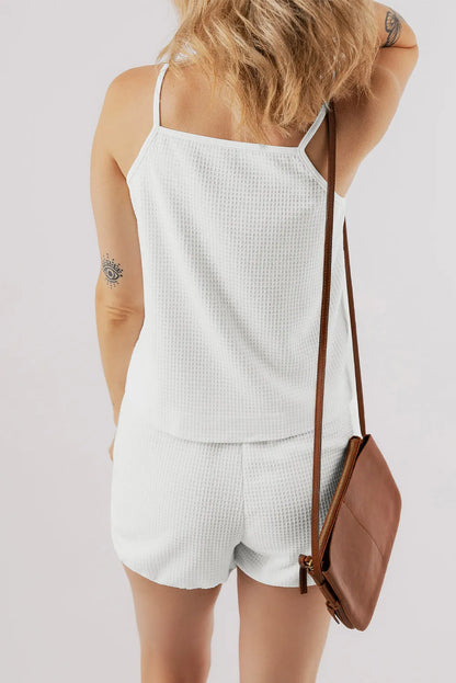 White Waffle Knit Textured Spaghetti Straps Cami and Shorts Set - Chic Meadow Boutique 