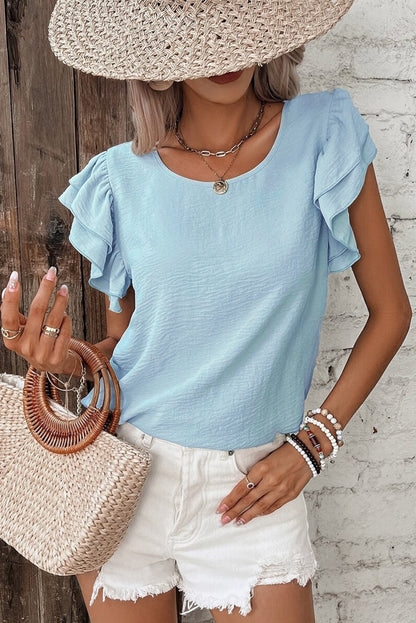 Mist Blue Solid Color Ruffled Short Sleeve Casual Blouse