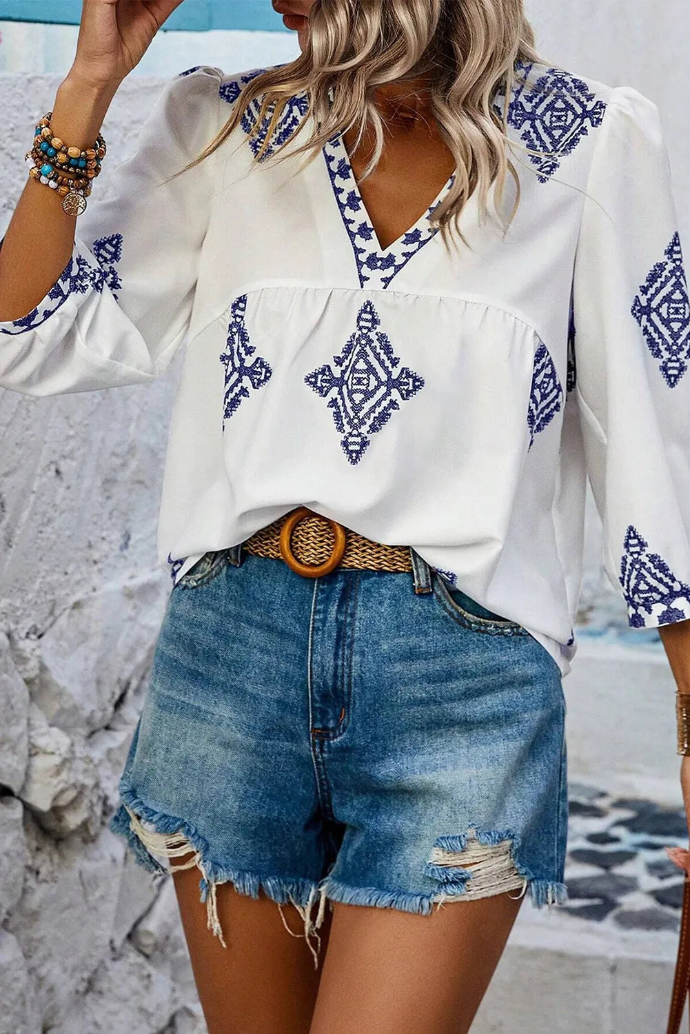 Tops/Blouses & Shirts White Boho Geometric Print Bracelet Sleeve V Neck Blouse