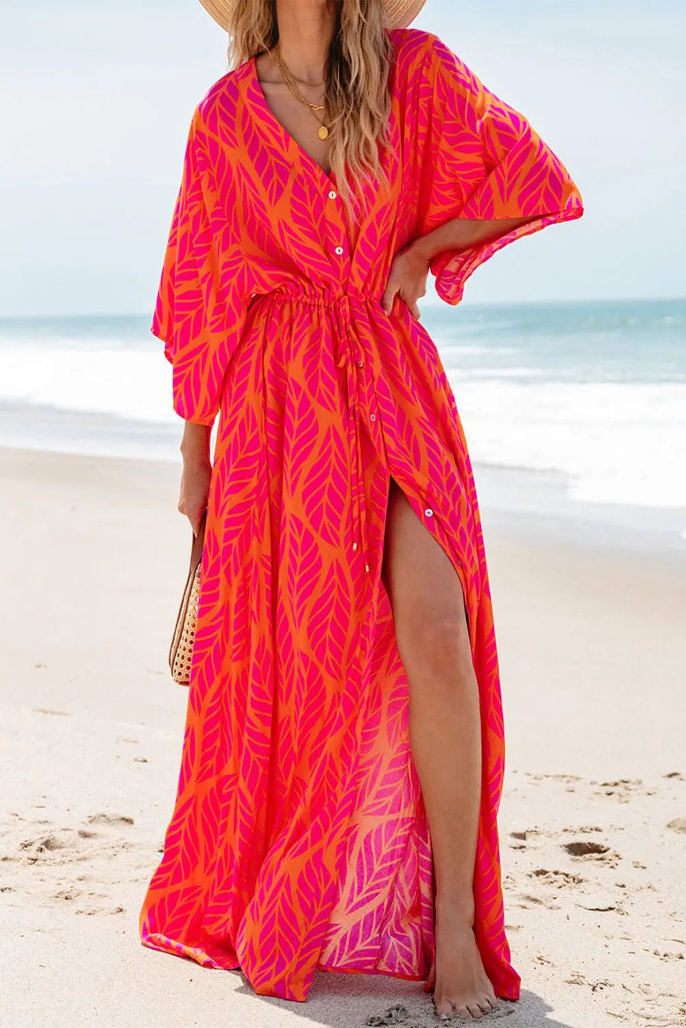 Orange Leafy Print 3/4 Sleeve V Neck Buttoned Split Maxi Dress - Chic Meadow Boutique 