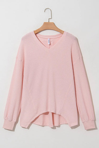 Light Pink Waffle V Neck Long Sleeve Drop Shoulder Loose Blouse - Chic Meadow Boutique 