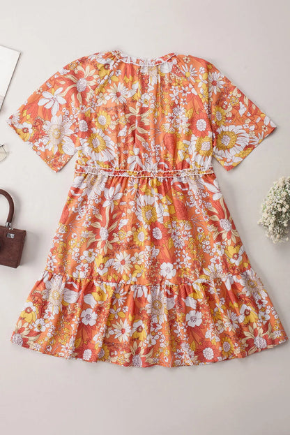 Orange Wide Flutter Sleeve Floral Dress - Chic Meadow Boutique 