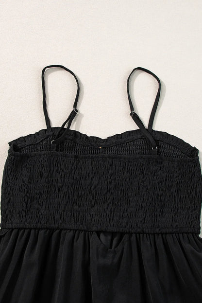 Black Spaghetti Straps Smocked Front Slit Buttoned Dress - Chic Meadow Boutique 