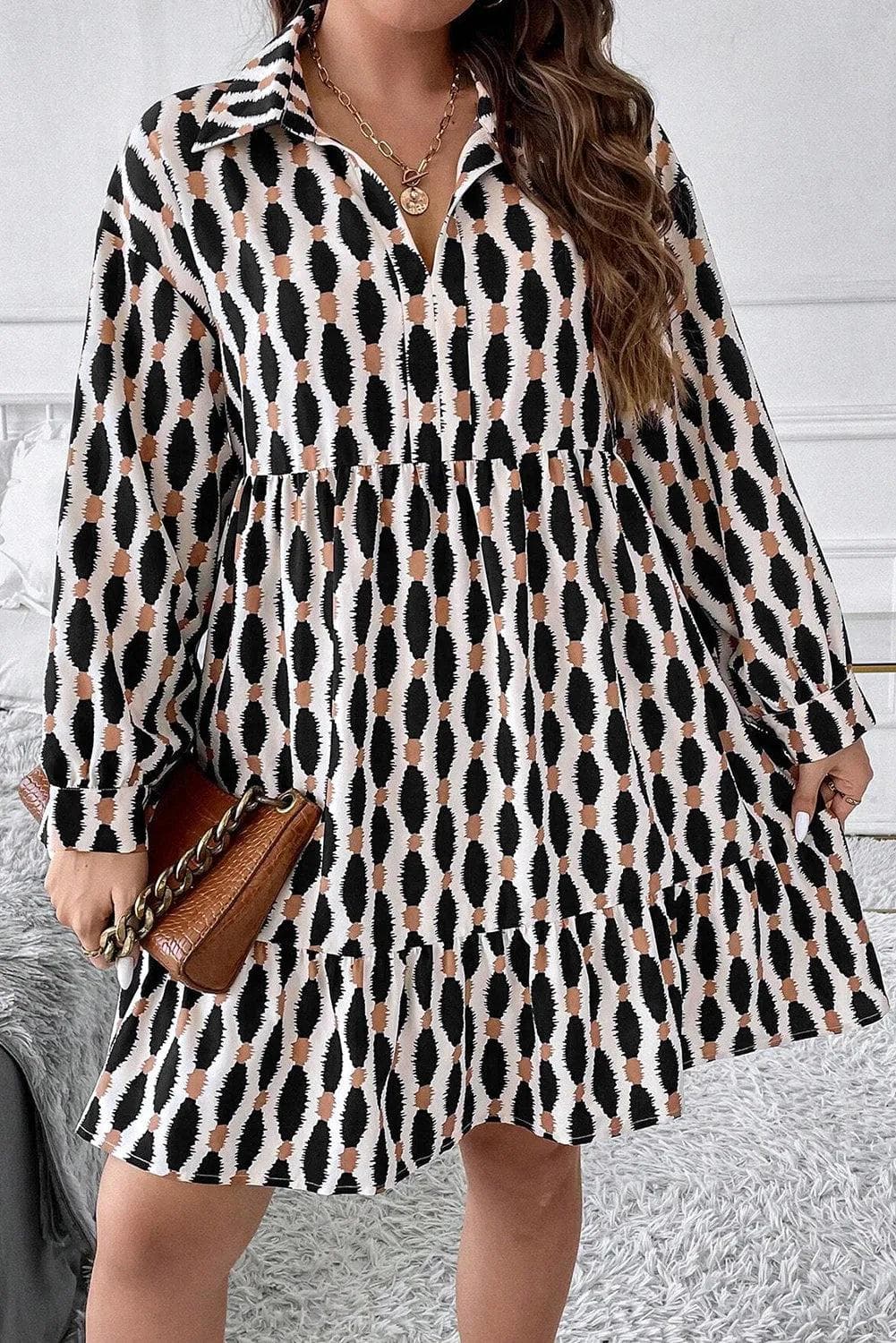 Plus Size/Plus Size Dresses/Plus Size Mini Dresses Apricot Geometric Print Collared V Neck Plus Size Mini Dress