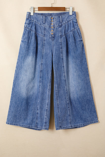 Dusk Blue High Rise Buttons Pleated Cropped Wide Leg Denim Pants