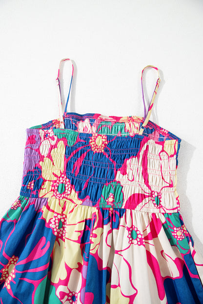 Purple Floral Print Shirred Spaghetti Strap Loose Maxi Dress