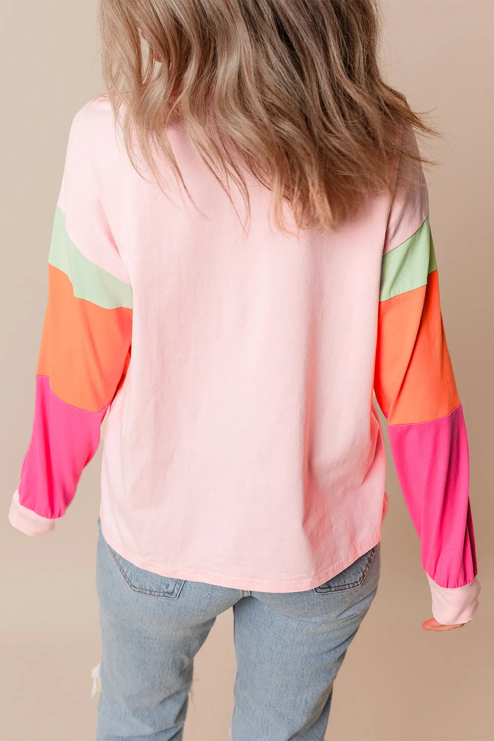 Pink Colorblock Patchwork Long Sleeve Loose Top - Chic Meadow Boutique 