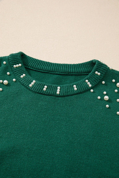 Evergreen Pearled Drop Shoulder Round Neck Sweater - Chic Meadow Boutique 