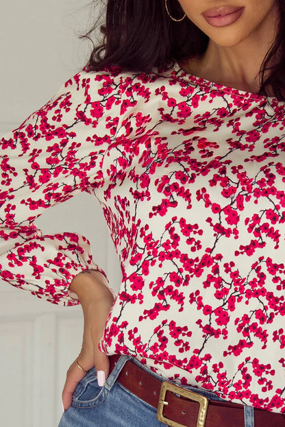 Red Floral Print Long Sleeve Open Back Blouse - Chic Meadow Boutique 