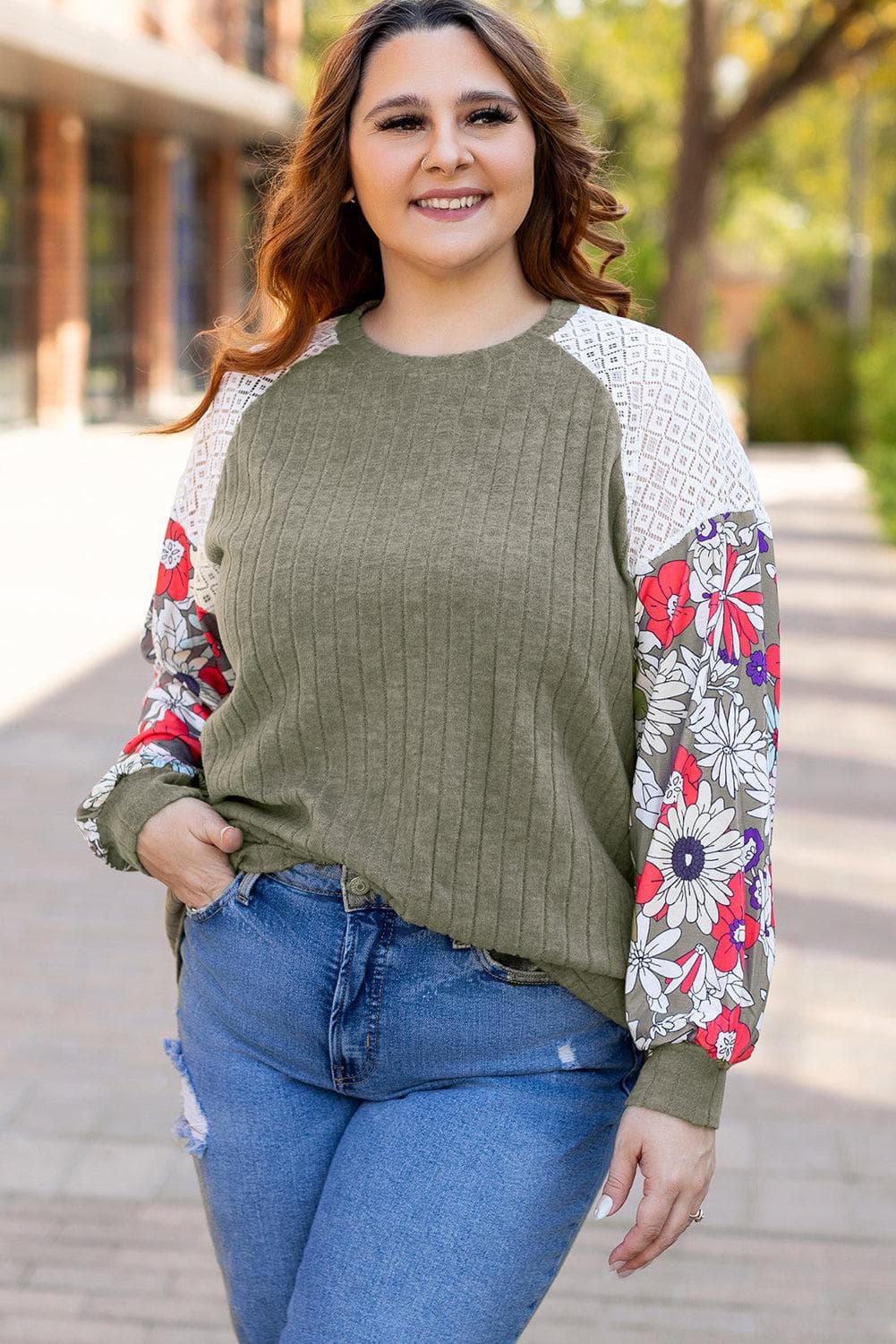 Plus Size/Plus Size Tops/Plus Size Blouses & Shirts Vineyard Green Plus Size Textured Floral Patchwork Raglan Sleeve Blouse