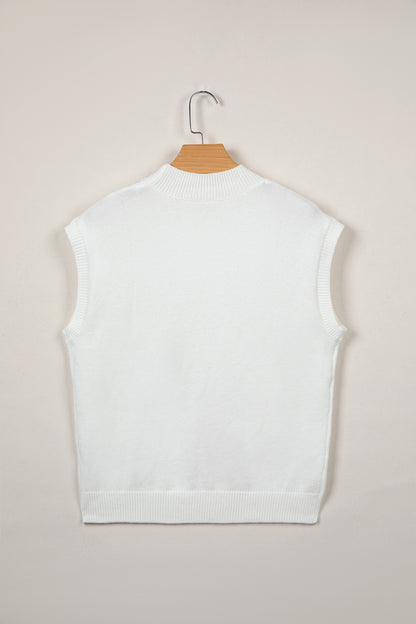 White Corded Horseshoes Ribbed Trim Mock Neck Short Sleeve Sweater
