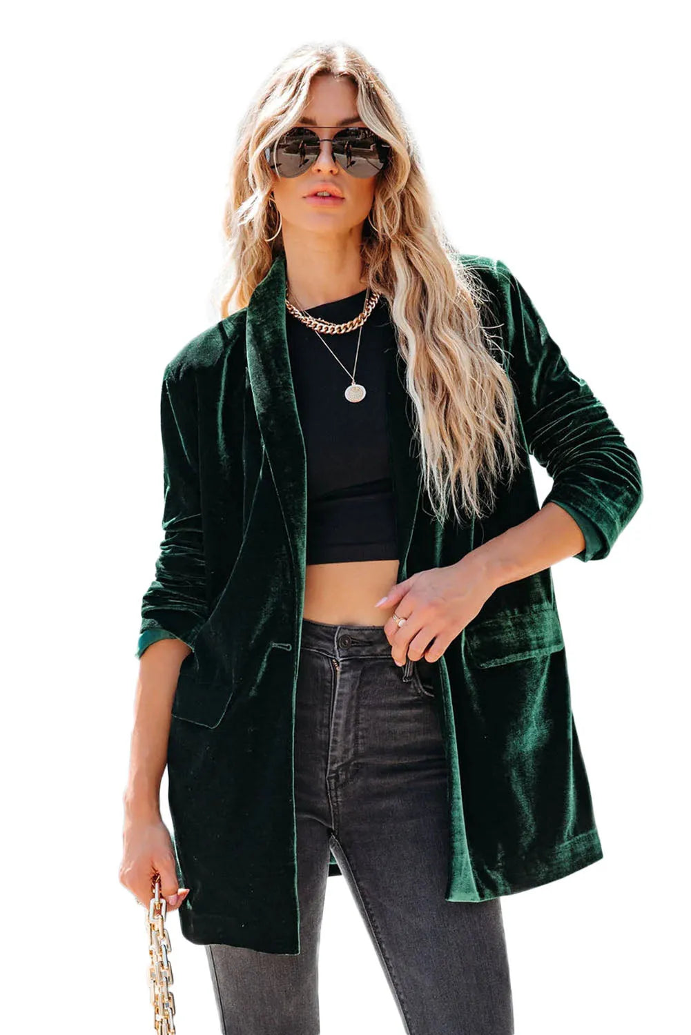 Green Casual Pocketed Velvet Blazer - Chic Meadow Boutique 