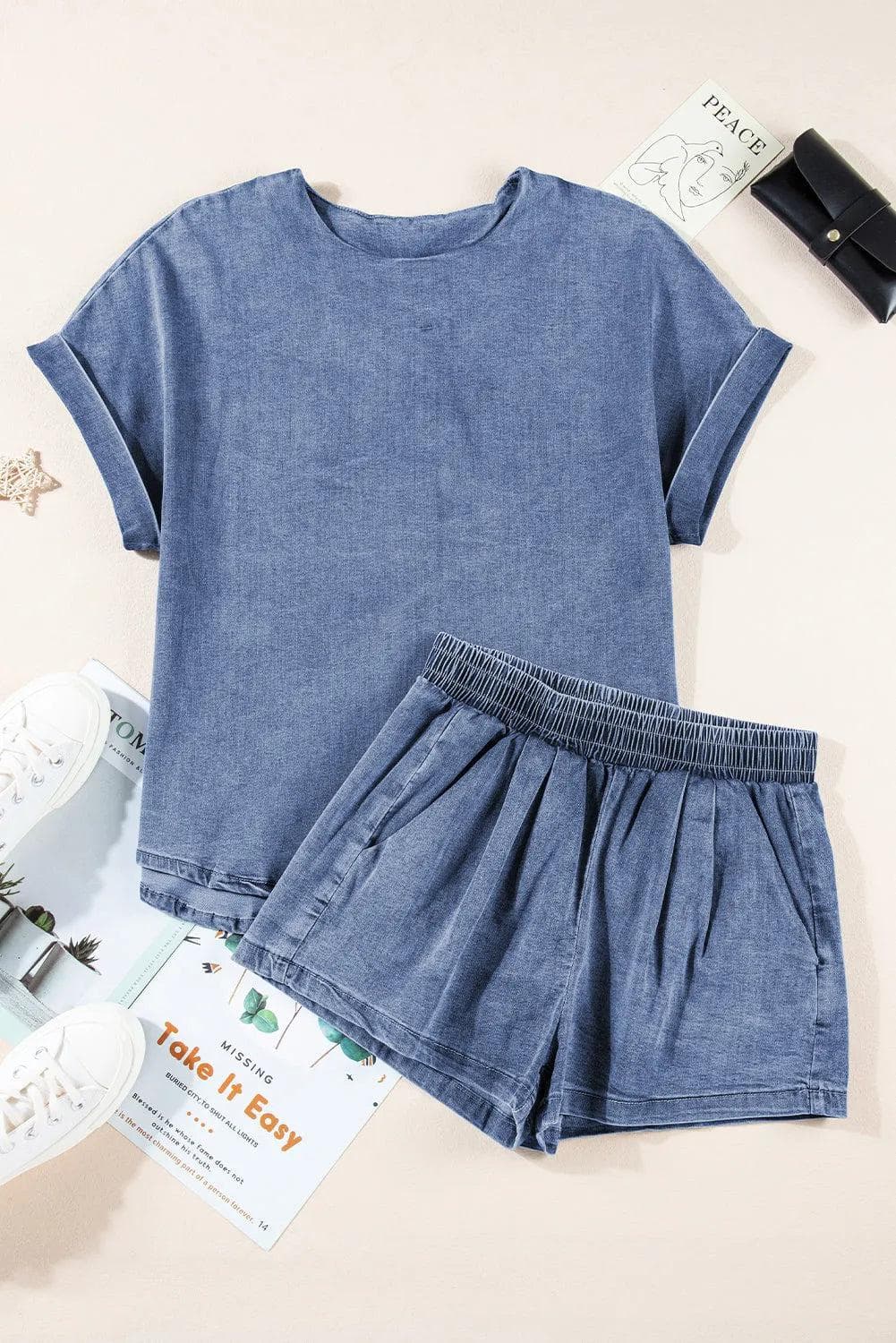 Light Blue Denim Cuffed Sleeve Tee Elastic Shorts Set - Chic Meadow Boutique 