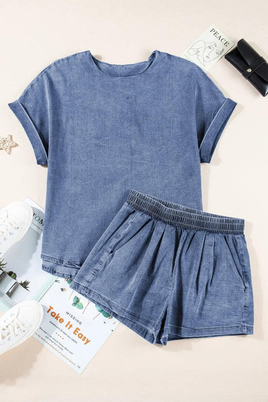 Two Piece Sets/Short Sets Light Blue / S / 72%Cotton+26%Polyester+2%Elastane Light Blue Denim Cuffed Sleeve Tee Elastic Shorts Set