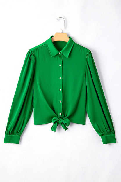 Dark Green Solid Color Flowy Balloon Sleeve Tie Front Buttoned Shirt - Chic Meadow Boutique 