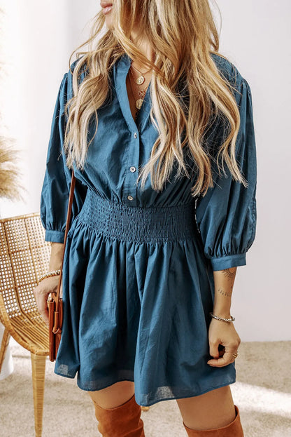 Prussian Blue 3/4 Sleeve Shirred High Waist Buttoned Mini Dress - Chic Meadow Boutique 