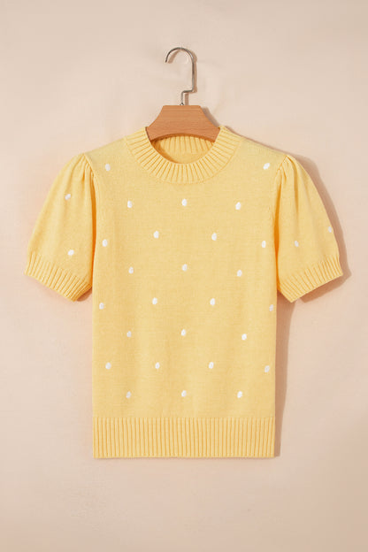 Yellow Cream Elegant Polka Dot Bubble Short Sleeve Sweater