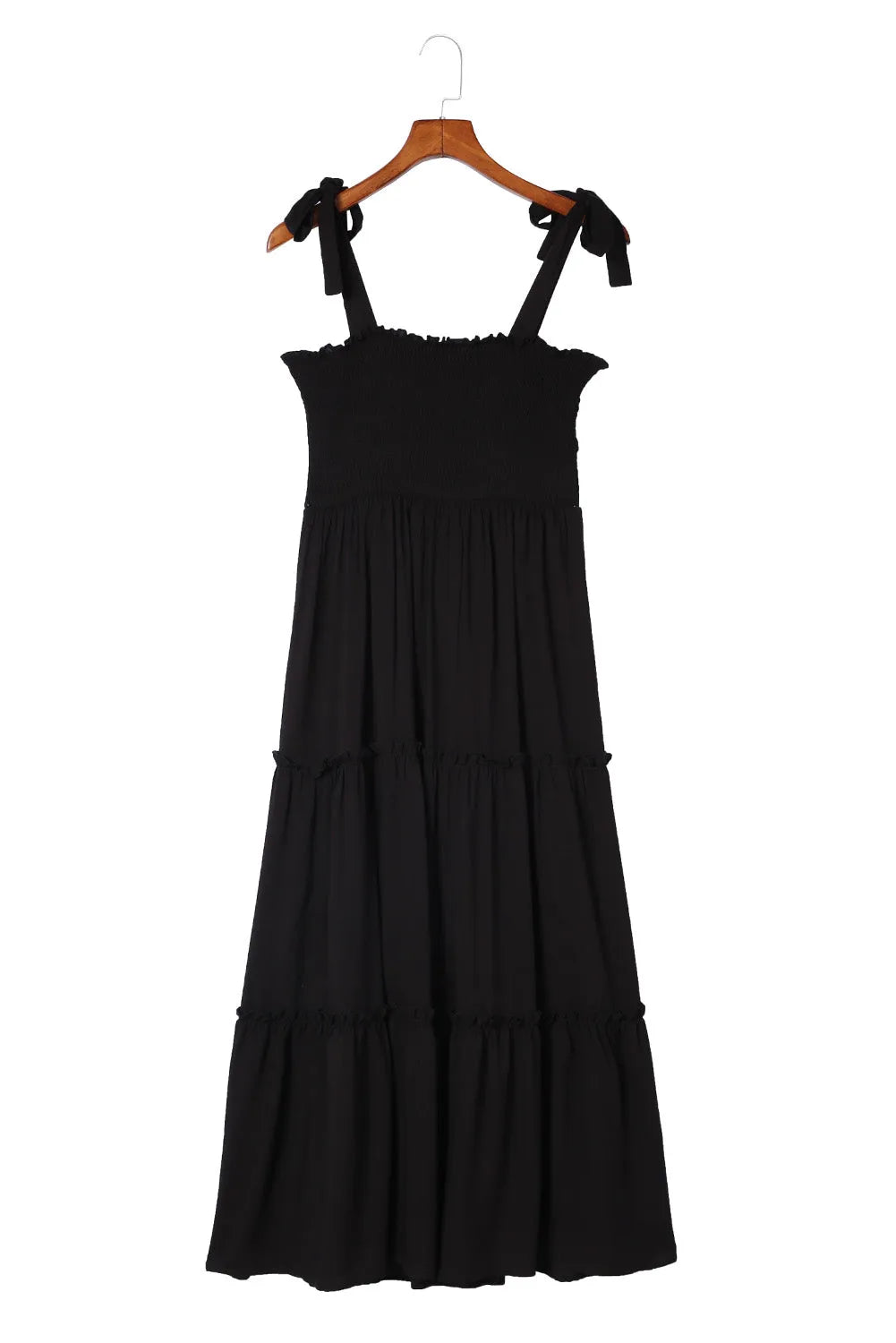 Black Tie Strap Smocked Frill Tiered Midi Dress - Chic Meadow Boutique 