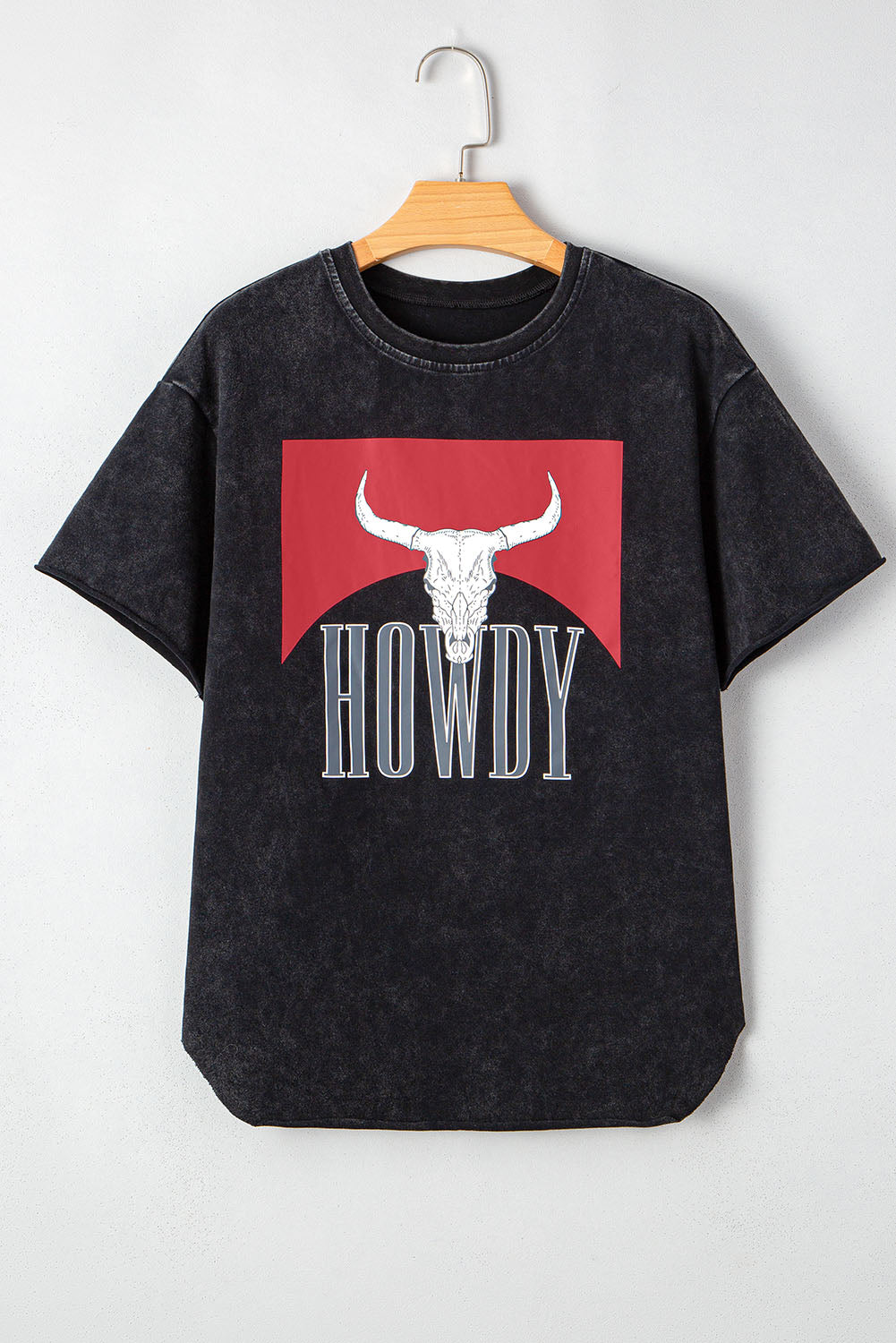 Black Western HOWDY Steer Head Print Side Slits Loose Fit T Shirt