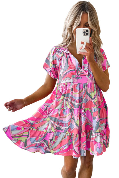 Pink Abstract Geometric Print Tassel Tie Flared Dress - Chic Meadow Boutique 