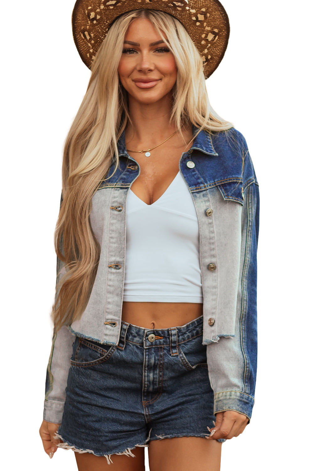 Dusk Blue Color Block Patchwork Flap Detail Distress Denim Jacket