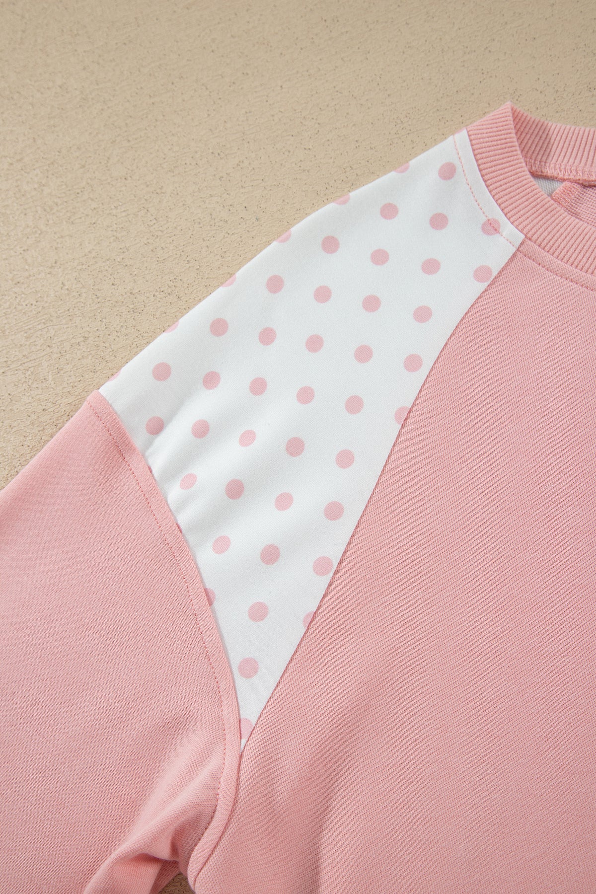 Pink Polka Dot Patchwork Colorblock Long Sleeve Casual Two Piece Pants Set