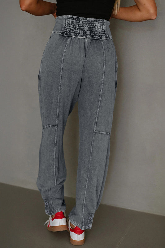 Medium Grey Mineral Wash Jogger Style High Waist Casual Pants