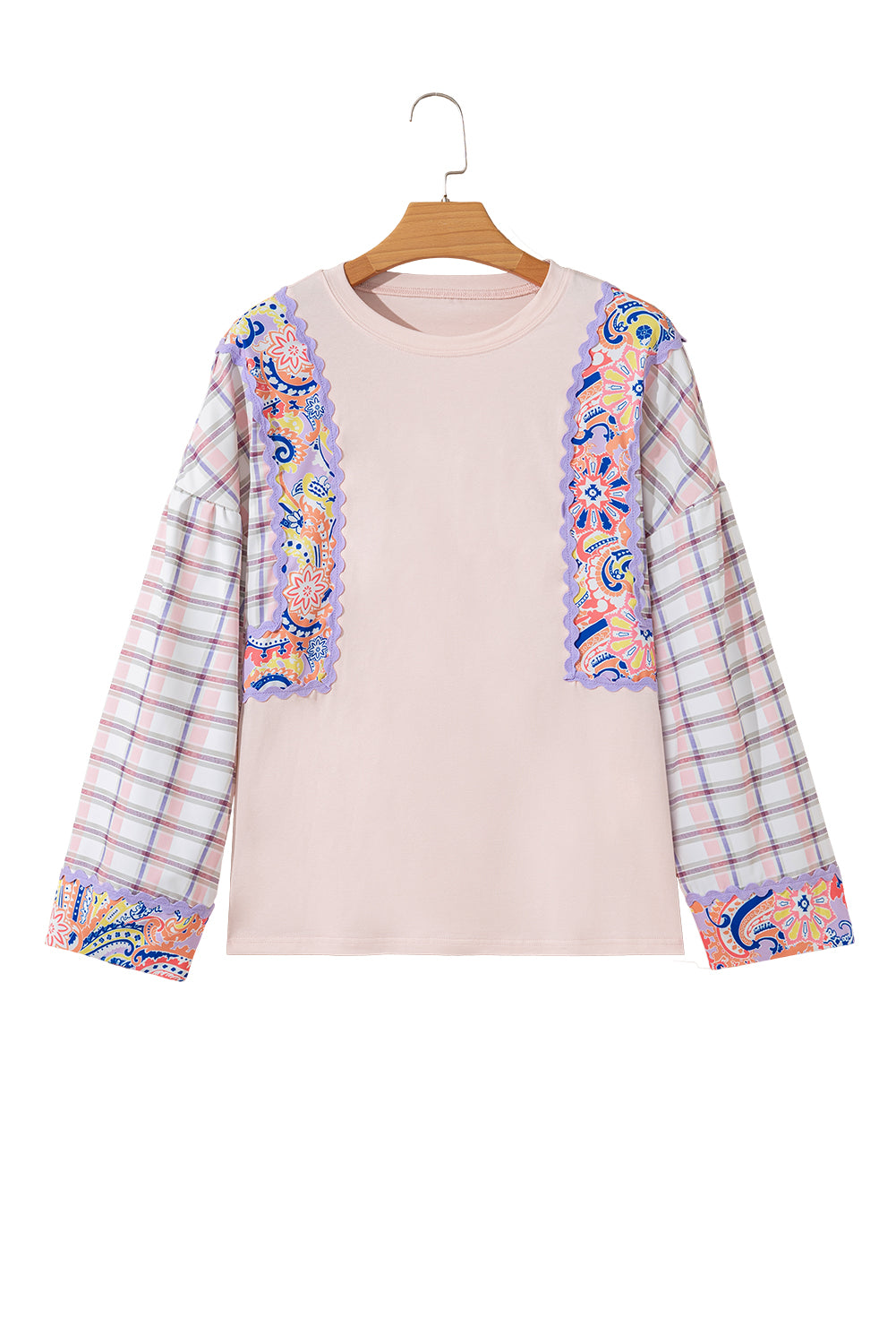 Delicacy Ricrac Trim Floral Plaid Patchwork Puff Sleeve Blouse