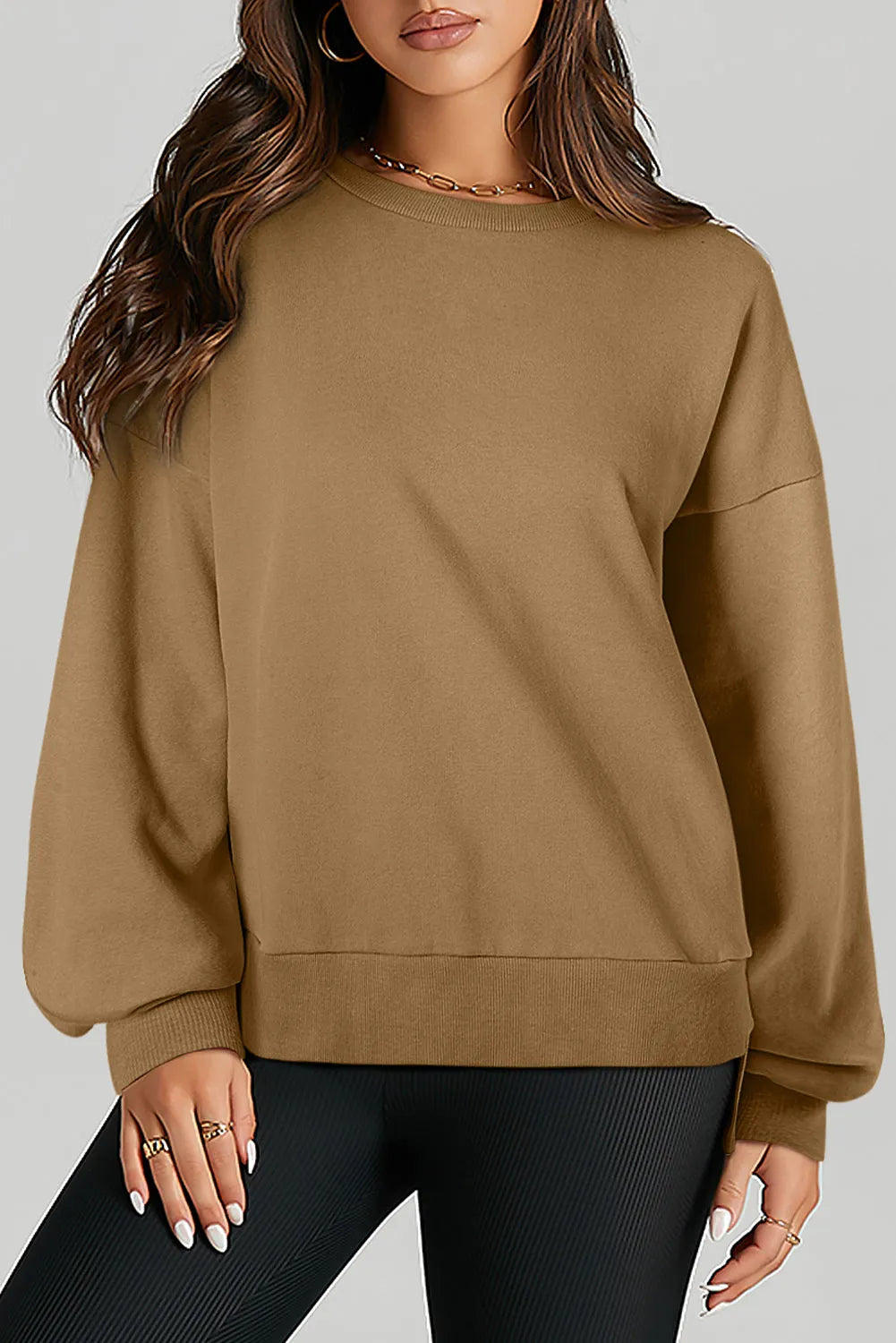 Brown Solid O Neck High Low Hem Pullover Sweatshirt - Chic Meadow Boutique 