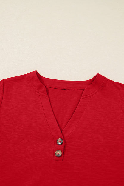 Racing Red Solid Color Button V Neck Long Sleeve Top
