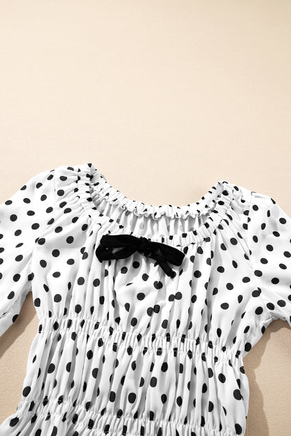 Black Polka Dot Puff Sleeve Bow Square Neck Peplum Top