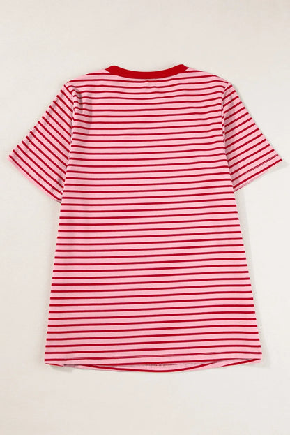 Pink Stripe Crew Neck Casual T Shirt - Chic Meadow Boutique 