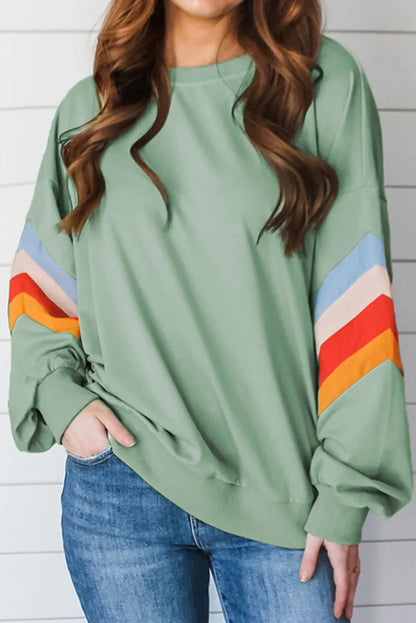 Moonlight Jade Rainbow Striped Sleeve Crew Neck Loose Sweatshirt - Chic Meadow Boutique 