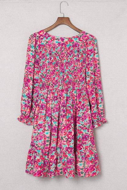 Purple Smocked V Neck Puffy Sleeve Floral Dress - Chic Meadow Boutique 