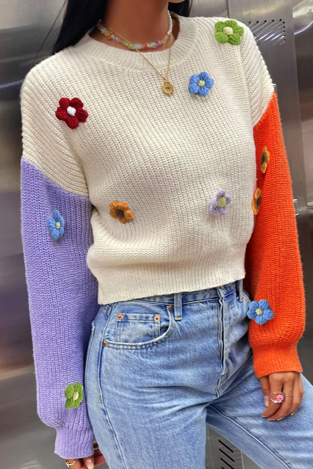 Multicolour Flower Applique Colorblock Drop Shoulder Sweater - Chic Meadow Boutique 