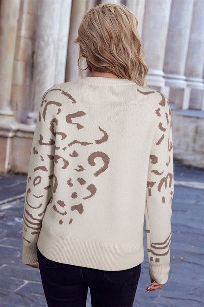 Beige Asymmetric Leopard Print Detail Drop Shoulder Sweater