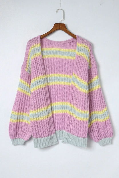 Pink Contrast Striped Open Front Cable Cardigan - Chic Meadow Boutique 