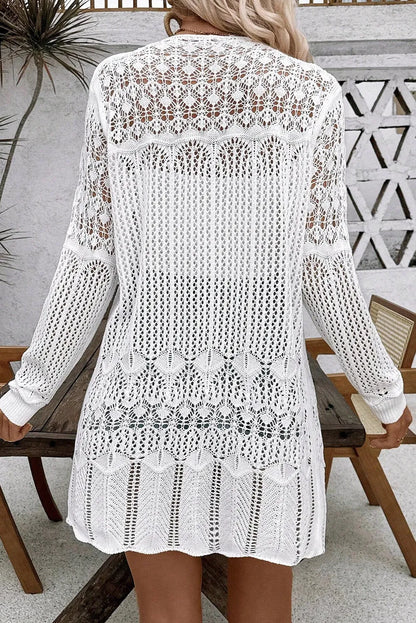 White Crochet Hollow Out Open Front Cardigan - Chic Meadow Boutique 