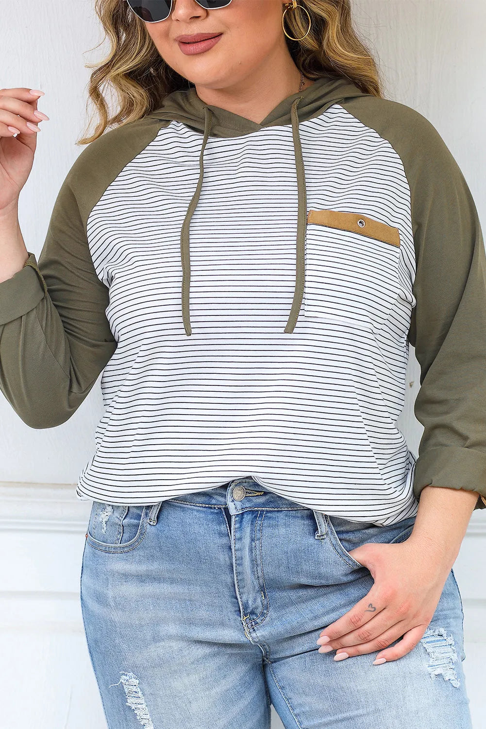 Green Striped Raglan Sleeve Buttoned Pocket Plus Size Hoodie - Chic Meadow Boutique 