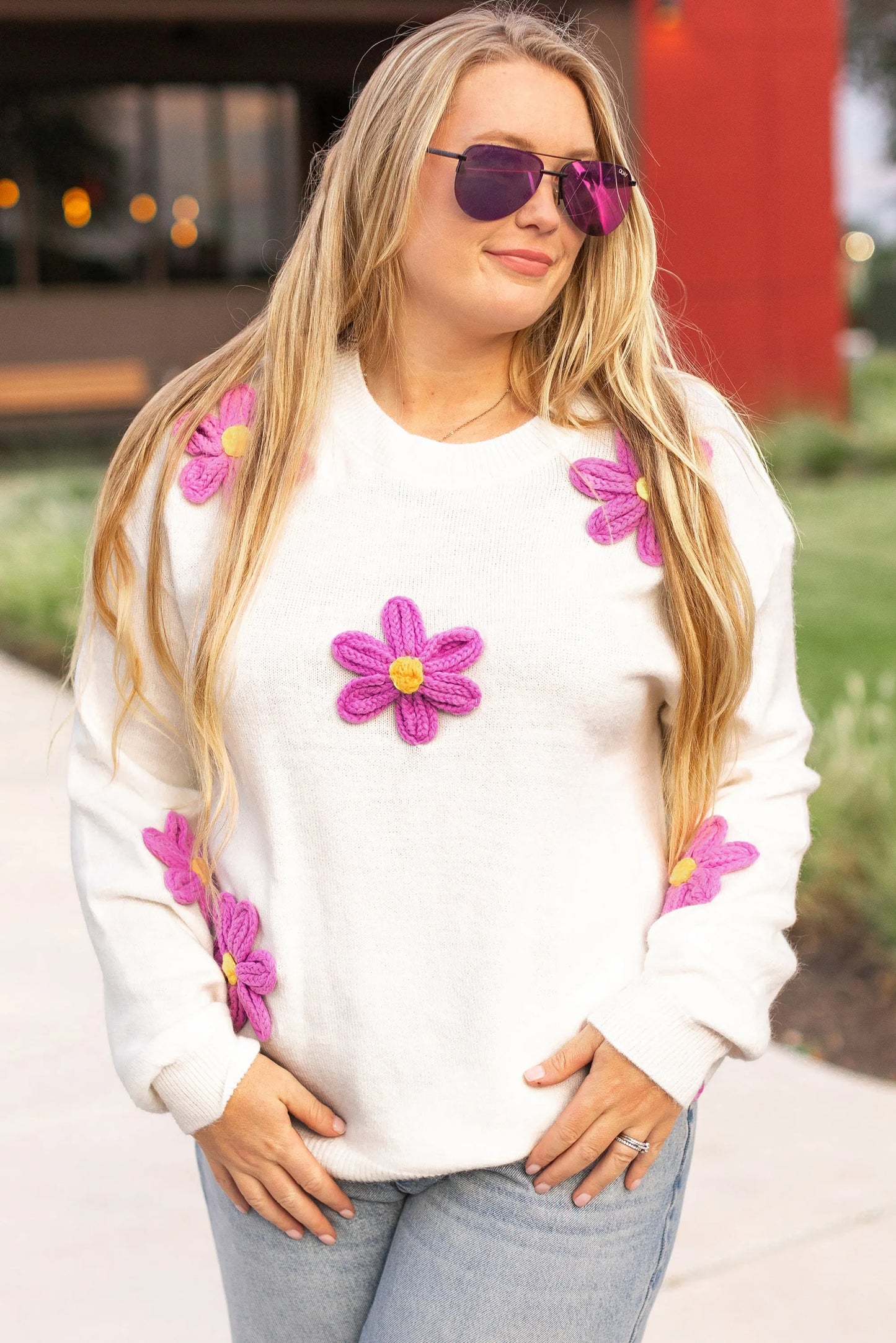 White Plus Size Flower Crochet Drop Shoulder Knit Sweater - Chic Meadow Boutique 