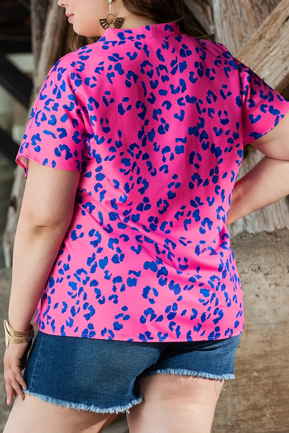 Rose Contrast Leopard Print Plus Size V Neck Blouse - Chic Meadow Boutique 