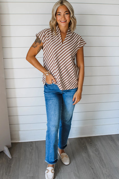 Chestnut Striped Stand V Neck Short Sleeve Blouse