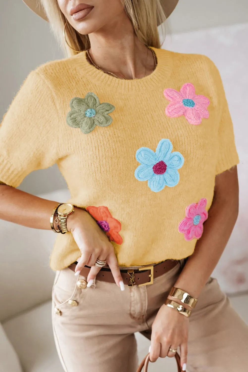 Yellow Cream Cute Flower Applique Short Sleeve Sweater - Chic Meadow Boutique 