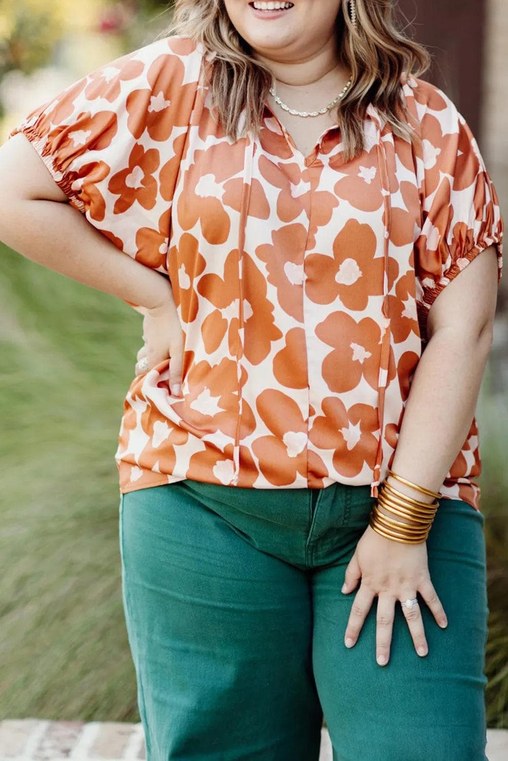 Plus Size/Plus Size Tops/Plus Size Blouses & Shirts Orange Plus Size Floral Print Drawstring V Neck Short Sleeve Blouse